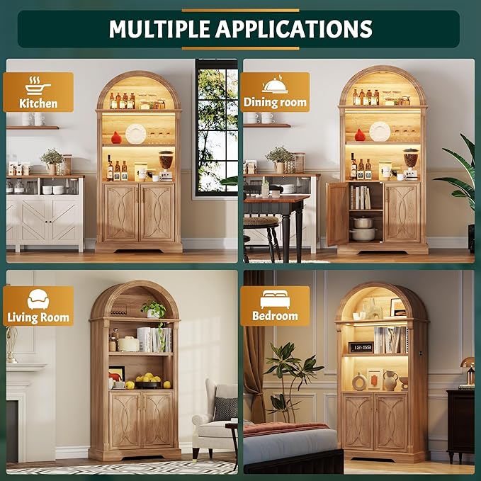 Vlsrka 71" Tall Arched Kitchen Pantry Cabinets, Wood Kitchen Storage Cabinets/Arched Bookshelf/Bookcase,China Cabinet with Open & Adjustable Shelves, Induction LED Light (Brown)
