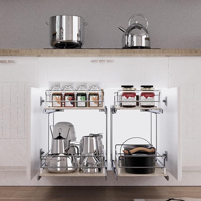 2 Tier Pull Out Cabinet Organizer 15" W X 22" D, Slide Out Drawers For Kitchen Cabinets, Pull Out Drawers For Cabinets Capacity Heavy Duty Caddy, Cabinet Pullout Shelves Wood Chrome, Pantry Storage