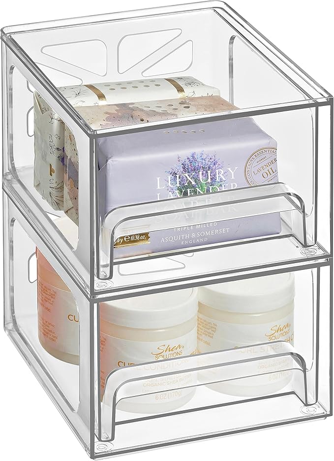 Oizeir Acrylic Drawer Organizer 2-Pack – Clear Stackable Storage Drawers for Makeup, Skincare, Vanity, Bathroom, Under Sink, Kitchen & Office – Non-Slip, Durable, Multi-Purpose Organizer Bins