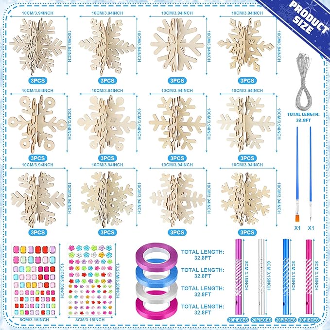 MiniInflat 36 Sets Winter Snowflakes Wind Chime Kit DIY Crafts Make Your Own Wooden Wind Chime Arts and Crafts DIY to Paint Snowflake Craft for Making Kit Supplies