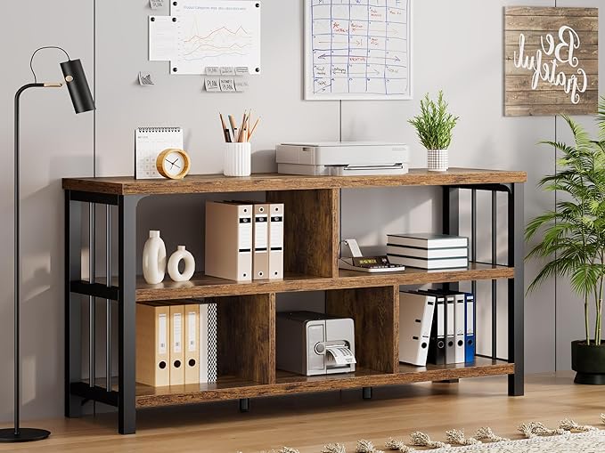 IBF 55” Bookshelf, 3 Tier Open Book Shelf, Wood Metal 5 Cube Storage Organizer, Modern Low Horizontal Bookshelf for Bedroom Living, Long Wide Office Cubby Bookcase with Storage, Rustic Brown, 55 in