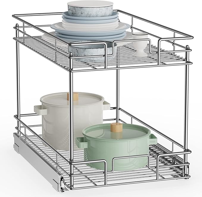 ROOMTEC New Version Pull Out Cabinet Organizer for Base Cabinet (20" W X 21" D), Kitchen Cabinet Organizer and Storage 2-Tier Cabinet Pull Out Shelves Under Cabinet Storage for Kitchen Silver,Chrome