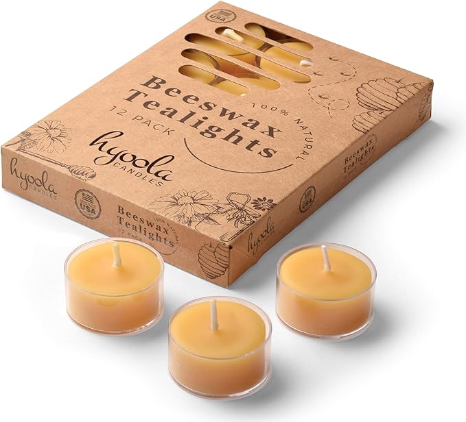 Hyoola Pure Beeswax Tea Lights, Handmade Decorative Unscented, Tealight Candles, 4 Hour Burn Time, Clear Cup (Pack of 12)