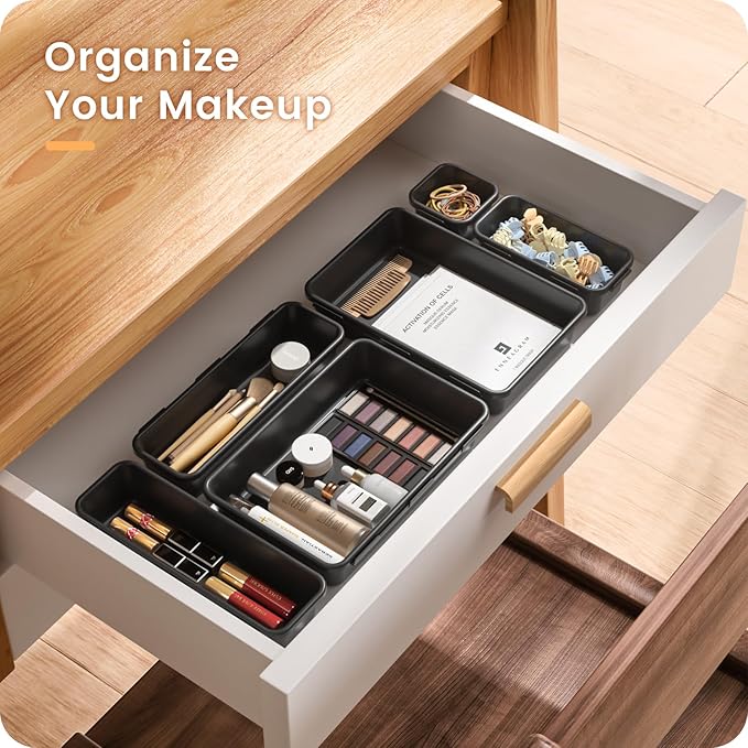 【𝟮𝟴𝗣𝗖𝗦】 【𝟱𝗦𝗶𝘇𝗲】 Black Drawer Organizer, Makeup organizer, 【Holds 177 Items】 Bathroom Organizers and Storage, Plastic Desk Organizer Divider, Organizer Bins for Office Vanity A-LUGEI