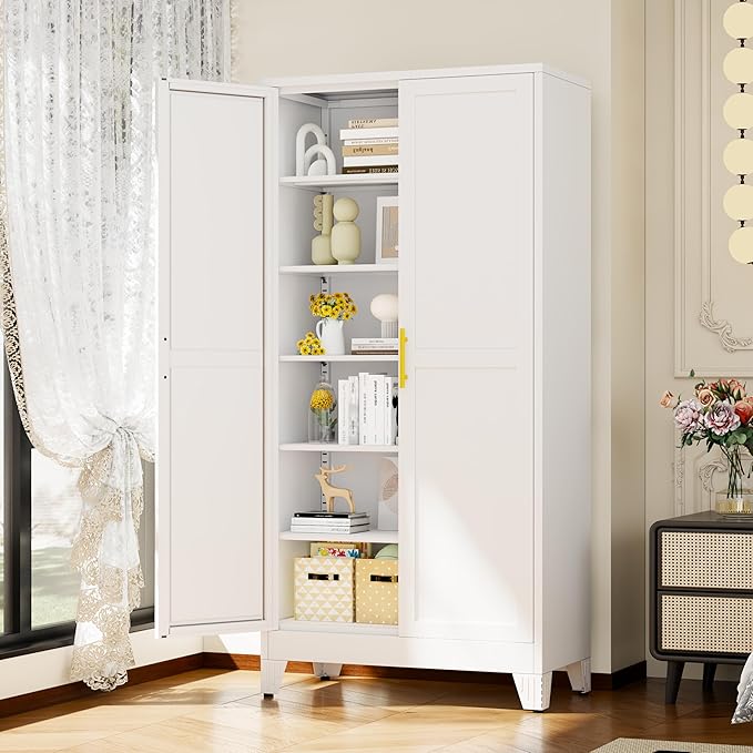 White Metal Storage Cabinet,75" Steel Cabinets for Home Office, Kitchen Pantry Storage Cabinet with Doors and 5 Adjustable Shelves, Tool Cabinets, for Office, Home, Garage, School, 36" W