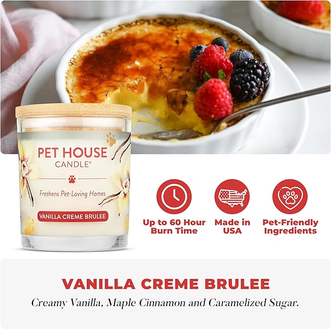 One Fur All Pet House Candle 2 Pack - Plant-Based/Soy - Clean Burning Scented, Long Lasting Pet Odor Candle for Home - Vanilla Crème Brulee