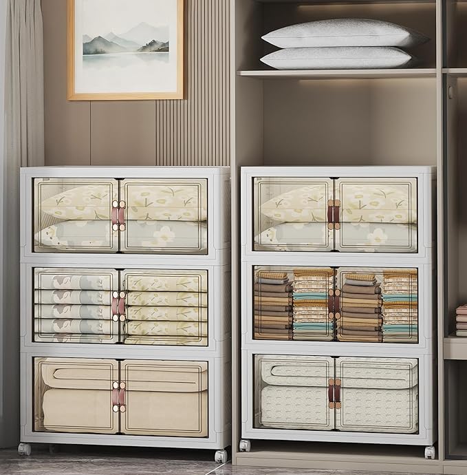 Stackable Storage Bins with Lids, 960QT Closet Organizers and Storage with Doors and Wheels, Extra Large Storage Cabinet, Collapsible Plastic Drawers for Bedroom Kitchen Office Garage