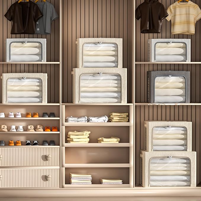 CYhom 4 Pack Clothes Storage Bins with Metal Frame - Linen Fabric Foldable Stackable Container Organizer Set with Clear Window & Carry Handles & Zippers (Light Grey, 23.6"x16.5"x15.7")