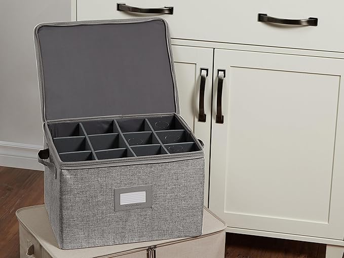Covermates Cup and Mug Storage Box with Dividers, Stackable Organizer for Coffee Mugs & China Cups, Heavy-Duty Polyester with Handles, Zipper Closure & ID Window, Grey Heather