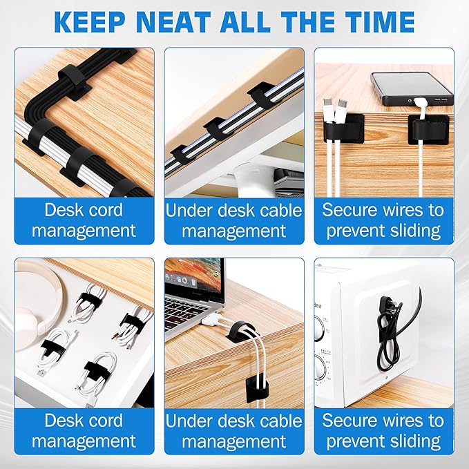 vorona Cable Management Under Desk, Up to 15 Cord, 41 PCS Enhanced Wire Holder Cord Organizer, Adjustable Hook and Loop Cable Ties, Reusable Cord Holder, Cable Hider Clips Under Table