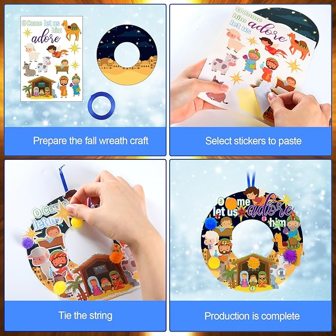 Hollowfly 48 Sets Nativity Crafts Kits Religious Jesus DIY Wreath Signs Hanging Ornaments Make Your Own Nativity Scene Sticker Craft for Holy Night Christian Easter Party Favors Activities
