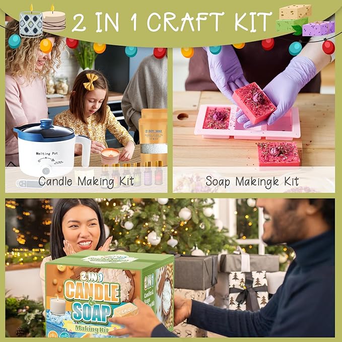 PIUH Deluxe DIY 2-in-1 Candle & Soap Making Supplies Kit with Wax Soap Melter and Candle Making Supplies for Adults Beginners, Complete Candle Soap Making Craft Kits with Melting Pot and Supplies