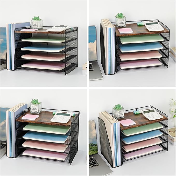 OPNICE Desk Organizer, 5-Tier Paper Organizer Letter Tray with Magazine Holder, Office Desk Accessories & Workspace Organizers, Desktop File Organizer for Office Supplies Storage, Wood