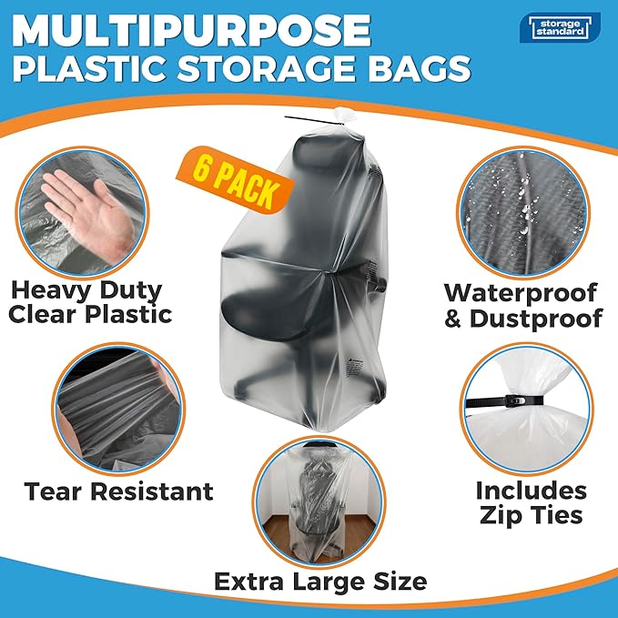 Storage Standard Large Clear Plastic Bags for Storage 6-Pack - Waterproof Extra Large Plastic Bags with Zip Ties, Heavy-Duty Cover for Rugs, Patio Cushions, Décor & Oversized Items - 45 x 65 Inches
