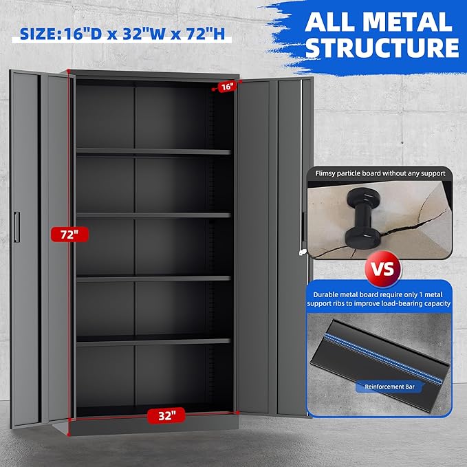Superday Metal Storage Cabinet, 72" Garage Storage Cabinets with Lock, Black Metal Cabinet with 2 Doors and 4 Adjustable Shelves for Home Office, Classroom, File, Easy Assemble