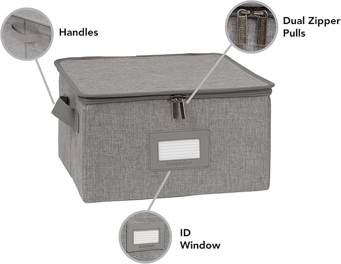 Covermates Dish Storage Box – China & Dinner Plate Storage Container with Dual Zippers, Reinforced Handles, ID Window & Stackable Structured Walls for Dishware Organization, Grey Heather
