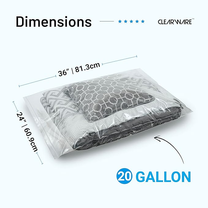 12 Count - Large Plastic Bags With Zipper Top, 20 Gallon Size 24" x 32", Extra Large Storage Bags, For Clothes, Travel, Moving, BPA-Free, Heavy Duty 3-Mil Thick