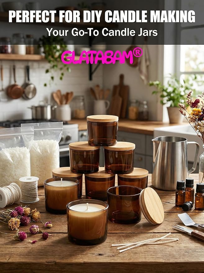 GLATABAM 4 OZ Candle Jars 12 Pack - Bulk Glass Candle Making Jars with Bamboo Lids & Labels, Heat Resistant Empty Reusable Candle Vessel for Containers(Amber)