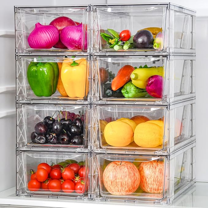 Clemate 8Pack Clear Stackable Kitchen Storage Organizer,Pantry Organizers and Storage,Foods Organizer Bins with Handles, Easily Assemble for Bathroom, Kitchen, Refrigerator, Pantry, Cabinet, Closet