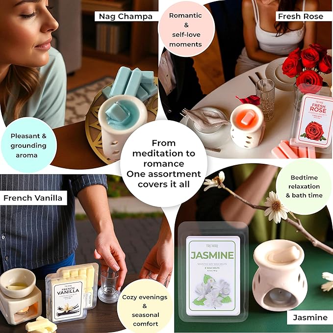 Scented Wax Melts Variety Pack of 4x8ea - Nag Champa|Fresh Rose|French Vanilla|Jasmine - Made with Non Toxic Soy Wax and Essential Oils- Long Lasting Strong Scent Pet Safe Candle Wax Cubes for Warmers