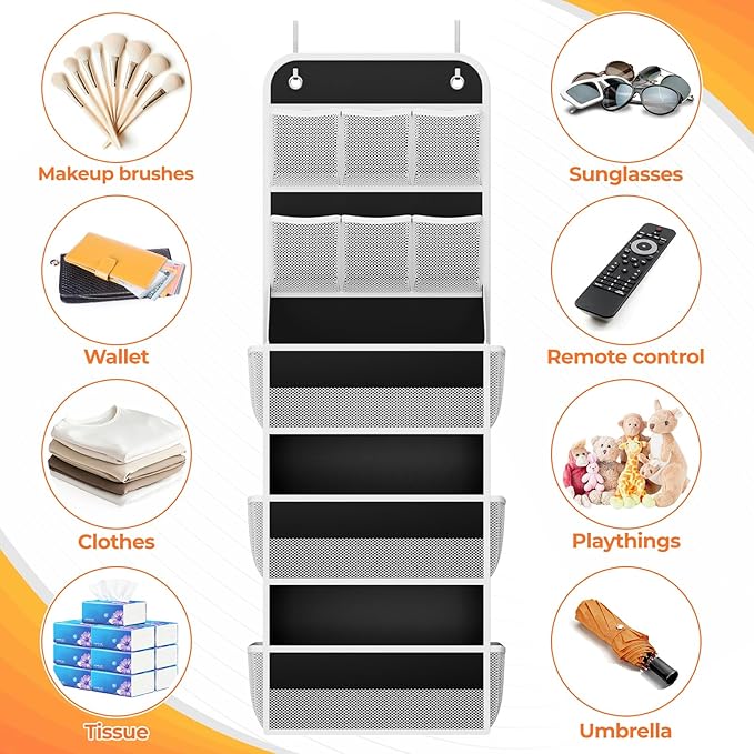 5-Tier Over the Door Organizer with Mesh Pockets, Baby Nursery Storage for Closet, Bathroom and Bedroom, Adjustable Hanging Closet Organizer for Cosmetics, Books and Essentials（Black）