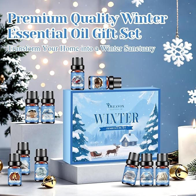 Winter Essential Oils Set, Premium Holiday Fragrance Oil for Diffusers, Scents for Candle & Soap Making,Hot Cocoa, Frosted Fir, Cashmere & Snowflakes and Sleigh Ride More 10x5ml,Aromatherapy Oils