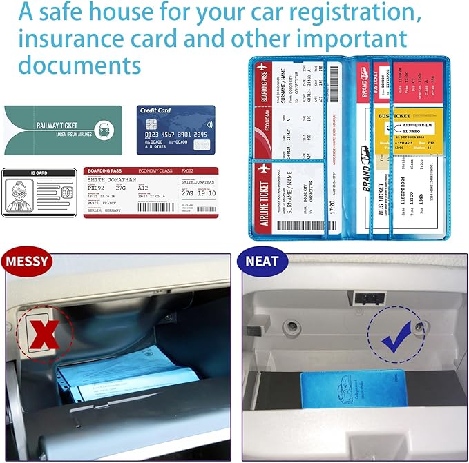 Car Registration and Insurance Card Holder - Leather Vehicle Glove Box Automobile Documents Paperwork Wallet Case Organizer for ID, Driver's License, Key Contact Information Cards - Men&Women