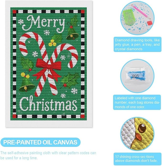 AIVKIEJK Diamond Painting Kits for Adults - Festive Merry Christmas Red Bow, Candy Cane & Bell Painting DIY 5D Full Drill Diamond Dots Paintings with Diamonds Gem Art and Crafts Home Decor 8"x12"
