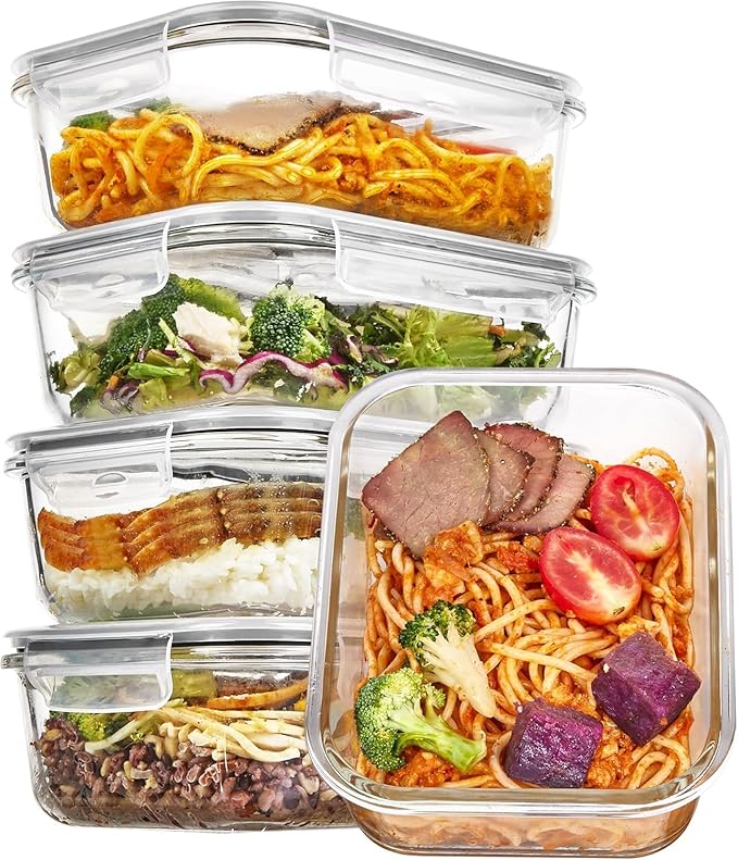 Vtopmart 5 Pack 35+22oz Glass Food Storage Containers with Lids, Airtight Reusable Meal Prep Lunch Container Set, Safe for Oven, Microwave, Freezer, and Dishwasher