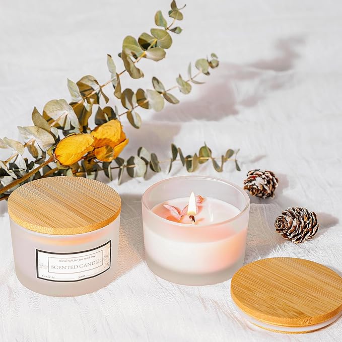 CONNOO 15 Pack 4 OZ Frosted Glass Candle Jars with Airtight Bamboo Lids for Making Candles, Bulk Small Wide Mouth Empty Candle Containers with Sticky Warning Labels - Dishwasher Safe