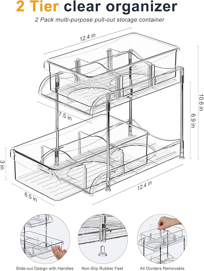 Under Sink Organizer, Bathroom Organizers and Storage, 2 Tier Multi-Use Pull Out Cabinet Organizer with Hang Hooks and Cups (transparent, 2 Pack)