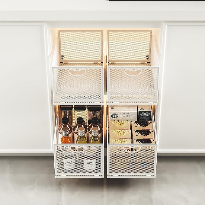 2 Pack Pull Out Cabinet Organizer, No Drill Adhesive Sliding Drawers for Kitchen, Metal Mesh Wire Storage Shelf for Pantry & Under Sink, White (9.6" W x 15.7" D x 8.4" H)