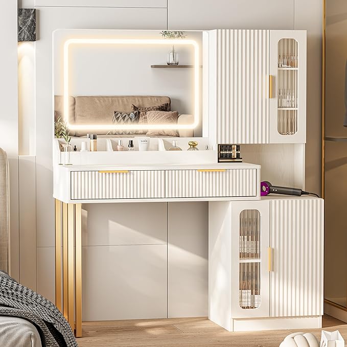 Makeup Vanity Desk with Mirror and Lights, Makeup Desk with 5 Shelves& 2 Storage Cabinet, Vanity Table with Power Outlet, 3 Color Adjustable Lighting Dressing Table Set for Bedroom