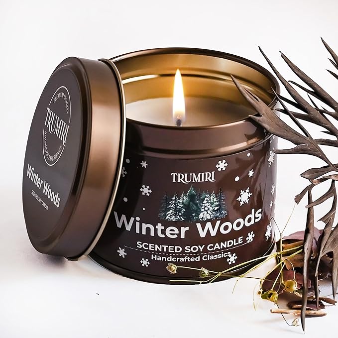 Winter Woods - Soy Candles for Home Scented - for Fall Christmas Holidays - 5oz Natural Clean Non Toxic - Long Lasting Highly Scented Pet Safe Luxury Tin - Velas Aromáticas Para el Hogar - Pine Candel
