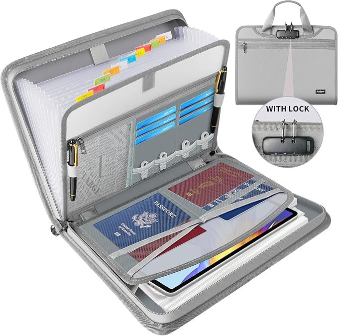 Andyer Accordion File Organizer with Lock, Fireproof Expanding File Folder with Tabs, 13 Pockets Important Document Organizer with Handle, Portable Paperwork Business Organizer, Letter/A4-Size (Gray)
