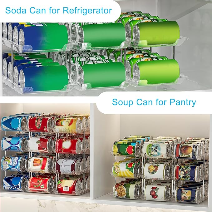 Can Organizer For Pantry, Adjustable Height And Width Canned Goods Organizer, Soup Can Rollers Organizer Holds Up to 48 Cans for Kitchen Cabinet or Refrigerator (CLear 4 Tier)