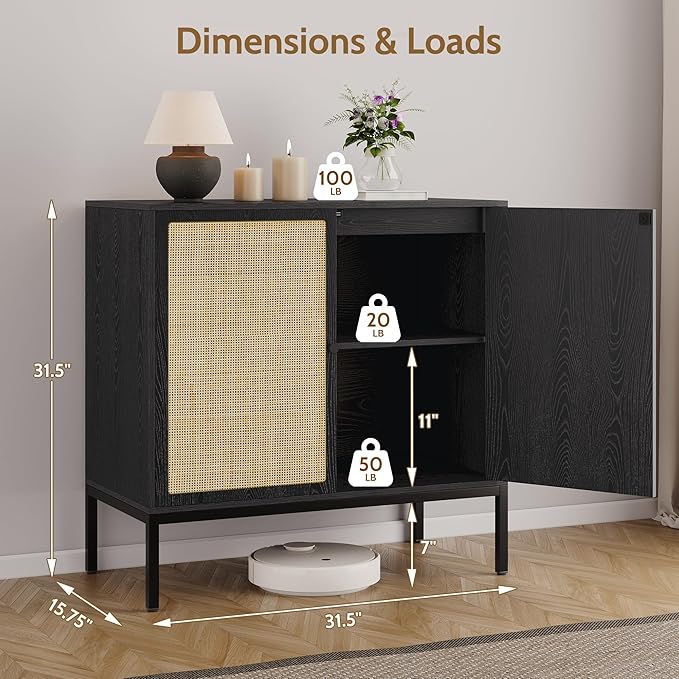 Yechen Set of 2 63" Sideboard Cabinet with Natural Rattan Doors, Buffet Console & Accent Cabinet, Rattan Credenza Storage with Metal Legs for Living Room, Kitchen, Dining Room/Black+Nautural