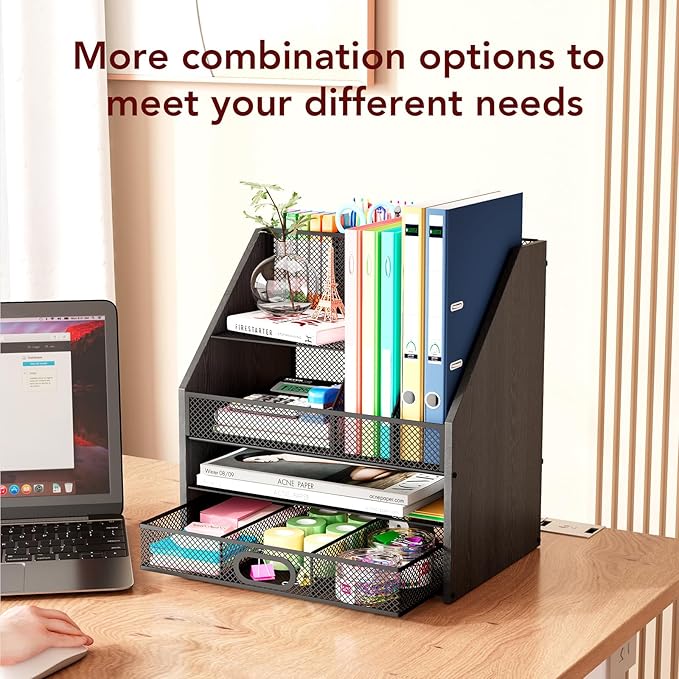 Homsorout Wooden Desk Organizer - Mesh File Organizer with Drawers and Pen Holder - 4-Tier Vertical Paper Letter Storage Tray, Desktop Organizers and Accessories for Home Office (Black