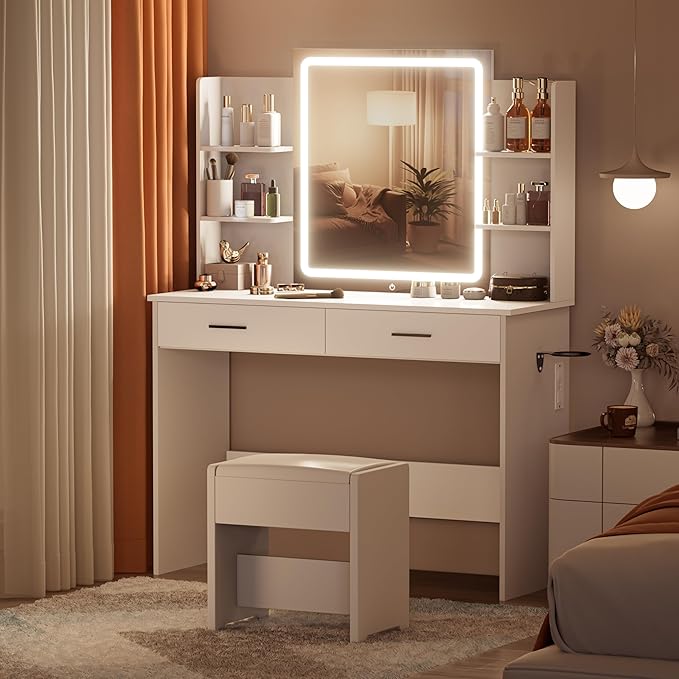 YIKEHOME Makeup Vanity Desk with Mirror and Lights, Makeup Table with 2 Large Drawers, 3 Color Modes Adjustable Bulb, Power Outlet and Round Holder, Dressing Table for Women Girls Bedroom
