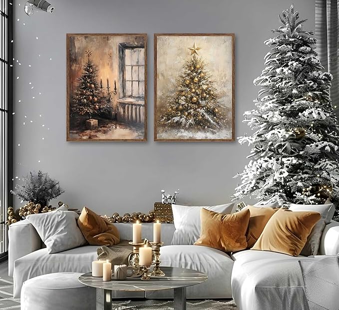 Paint by Number Kit, 2 Pack Christmas Scenes (16x20 Inch Each) - Vintage Tree with Candles & Golden Snowy Tree, DIY Acrylic Painting Kits for Adults Home Decor Unframed