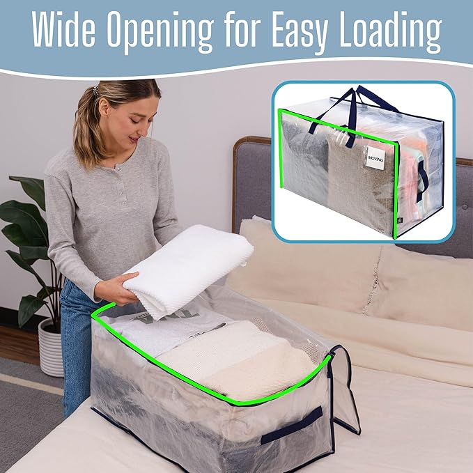 VENO 4 Pack Clear Extra Large Moving Bags & Storage Totes, Heavy Duty Organizer with Reinforced Handles & Strong Zippers for Clothes, College Dorm Essentials, Moving Supplies