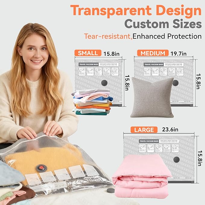 Vacuum Bags for Travel with USB & TYPE C Pump, Vacuum Seal Travel Bags, 15 Pack Carry-On Vacuum Storage Bags for Luggage & Suitcase, Space Saver for Clothes & Travel(Grey)