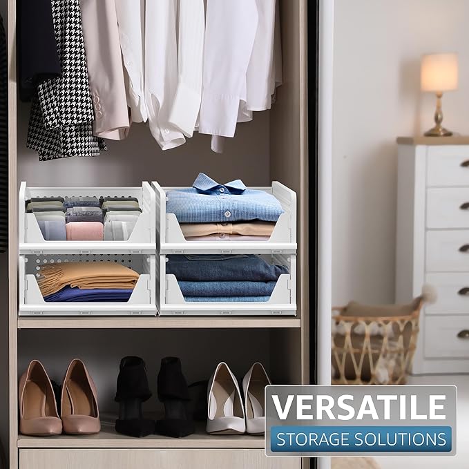 Sorbus 4 Pack Folding Closet Shelf Organizer for Clothes, Versatile Stackable Storage Baskets for Closet, Bathroom, Kitchen and Garage with Easy Access Open Front Design, Plastic Organizer Shelves