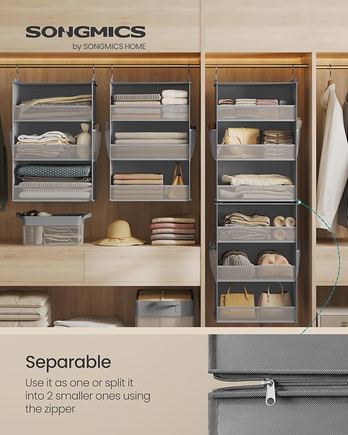 SONGMICS Set of 2 Hanging Closet Organizers, 6-Tier Fabric Storage Shelf, Separable Closet Hanging Shelf with Side Pockets, Foldable, Metal Hooks and Bamboo Inserts, Dove Gray URCH008G01