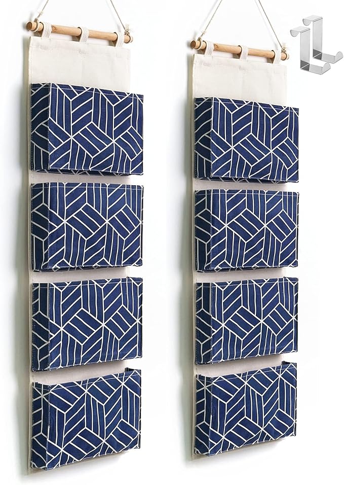CROWNED 2Pcs Over Door Hanging Storage Bags Wall Mount Closet Organizer, 4 Big Pockets Linen Cotton Fabric Multi Functional Living Room Bedroom Bathroom File Magazine Waterproof Free Hooks Navy