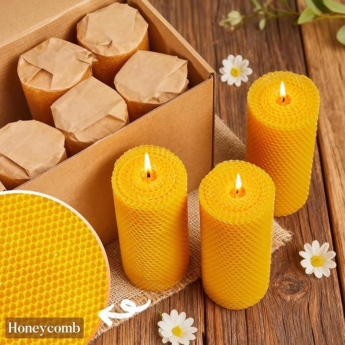 Beeswax Pillar Candles, 3x6 Inch -Set of 3 Hand-Rolled Honeycomb Candle - Long Burning 270+ Hours, Dripless Smokeless Unscented Handmade Beeswax for Home Decor, Prayer, Wedding,SPA