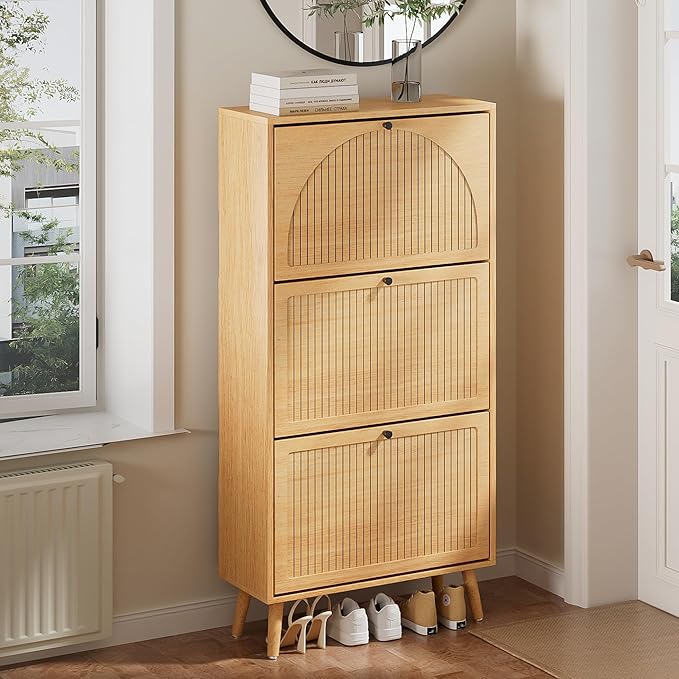 Fsbecl Shoe Storage Cabinet for Entryway with 3 Flip Drawers, Narrow Shoe Organizer with Fluted Panel, Freestanding Wood Hidden Shoe Cabinet for Hallway (Wood Color, 23.6''W, Double Layer)