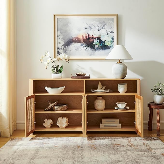 63’’ Rattan Sideboard Cabinet, Boho Mid Century Modern Credenza Buffet Table & TV Console with Adjustable Shelves and Open Storage for Living Room, Hallway, Entryway, Kitchen & Dining, Natural