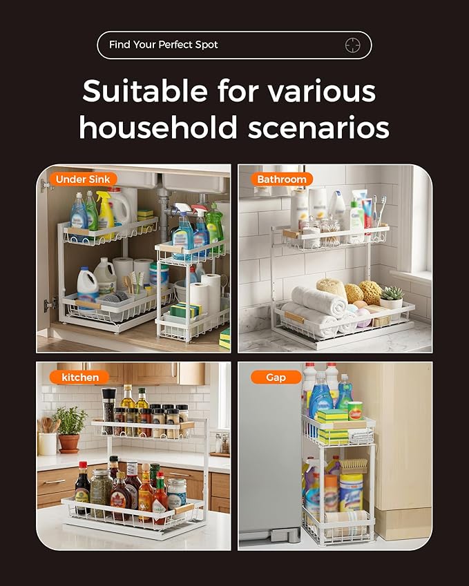 3 Pack Under Sink Organizer, Multi-Purpose 2 Tier Pull-Out Metal Under Kitchen Sink Organizer, Height Adjustable Storage Shelves for Kitchen Bathroom Cabinet (White)