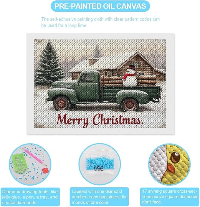 AIVKIEJK Diamond Painting Kits for Adults - Christmas Truck with Snowman & Cabin Winter Painting DIY 5D Full Drill Diamond Dots Paintings with Diamonds Gem Art and Crafts Home Decor 8"x12"